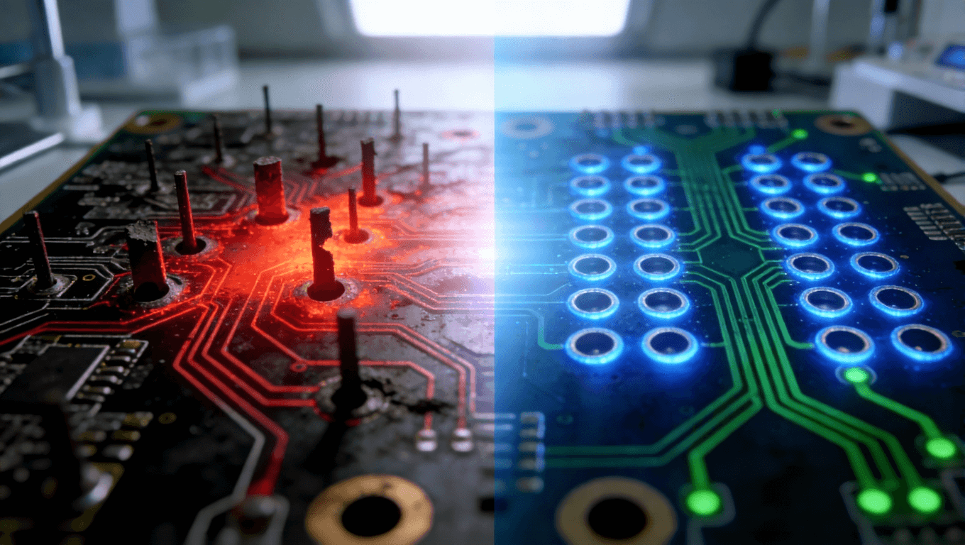 1.6T光模塊PCB過孔優(yōu)化前后對(duì)比，左側(cè)傳統(tǒng)設(shè)計(jì)問題，右側(cè)優(yōu)化后信號(hào)與熱管理改善