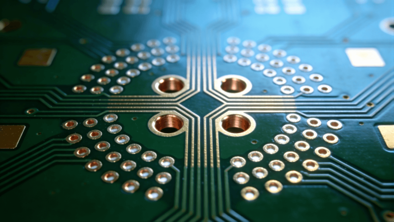 優(yōu)化后的光模塊PCB過孔設(shè)計(jì)特寫，展示激光盲孔、對(duì)稱差分對(duì)與接地屏蔽結(jié)構(gòu)