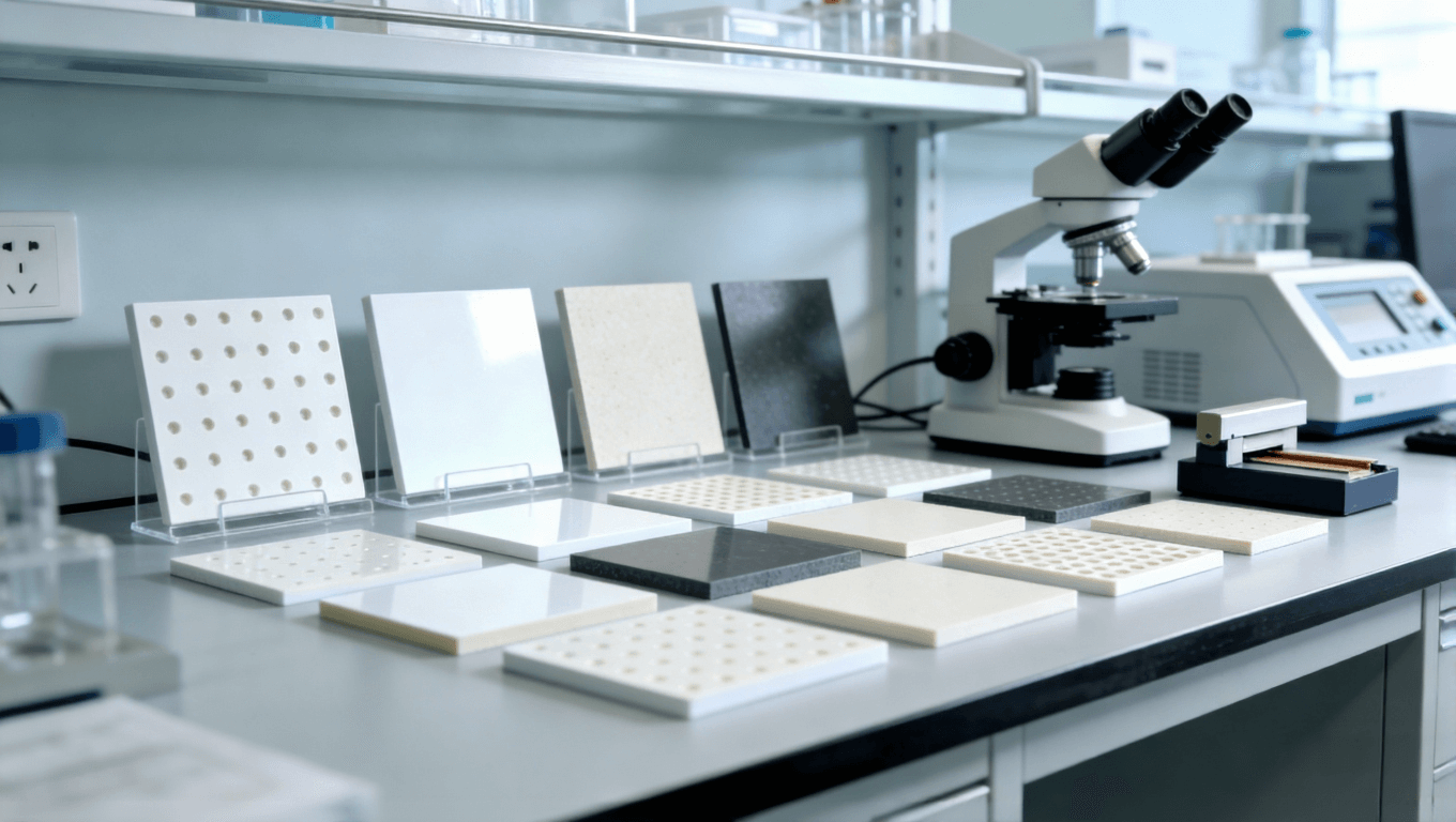 陶瓷基板樣品與檢測設備陳列圖，展現材料對比與質量管控環(huán)節(jié)