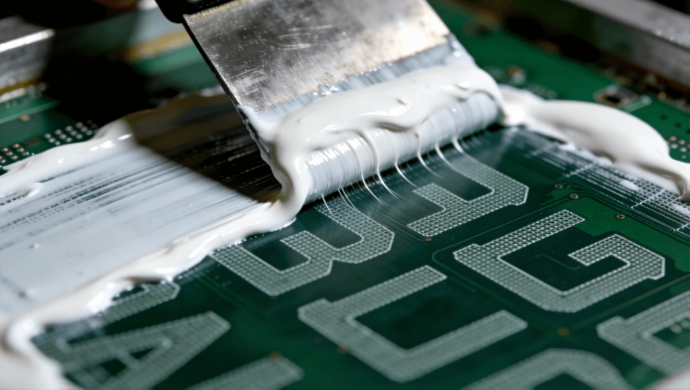 PCB板絲網(wǎng)印刷工藝核心步驟特寫，展現(xiàn)高精度刮印技術(shù)