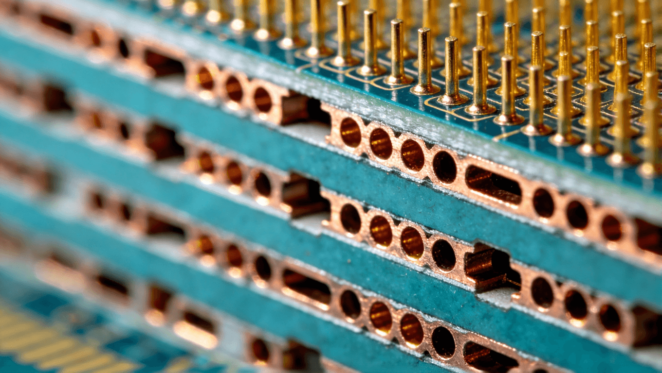 陶瓷電路板盲埋孔工藝的微觀截面示意圖，展示精密互連結(jié)構(gòu)