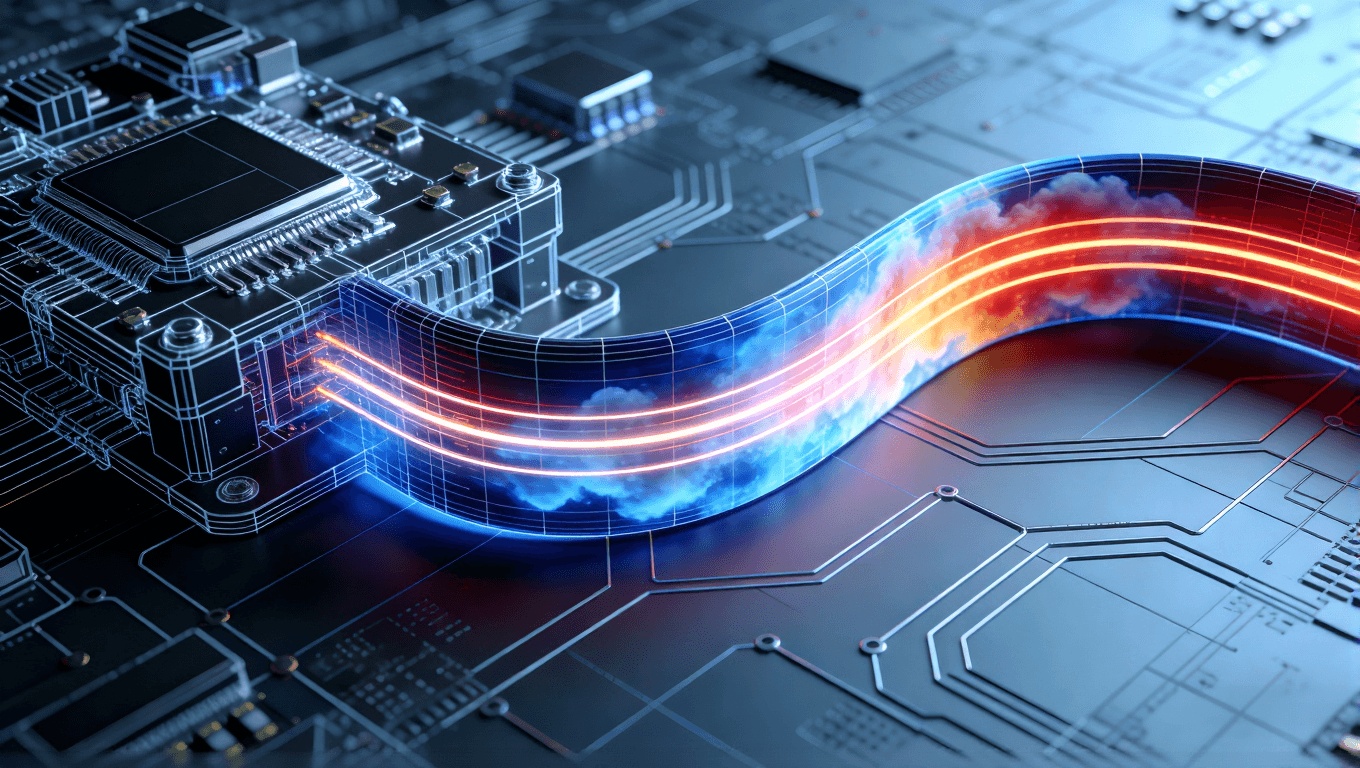 （從藍(lán)到紅）疊加顯示應(yīng)力分布的模擬云圖。幾條象征信號(hào)路徑的光帶沿著電路流動(dòng)，在彎曲部分保持穩(wěn)定亮度