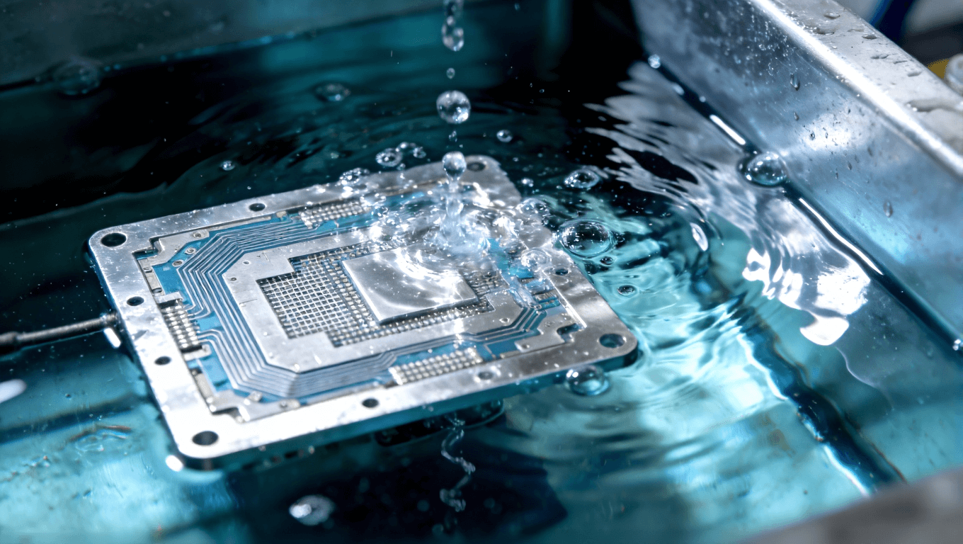 鋁基板陽極氧化工藝中電解槽內(nèi)的反應過程，展現(xiàn)電化學處理的精密與潔凈