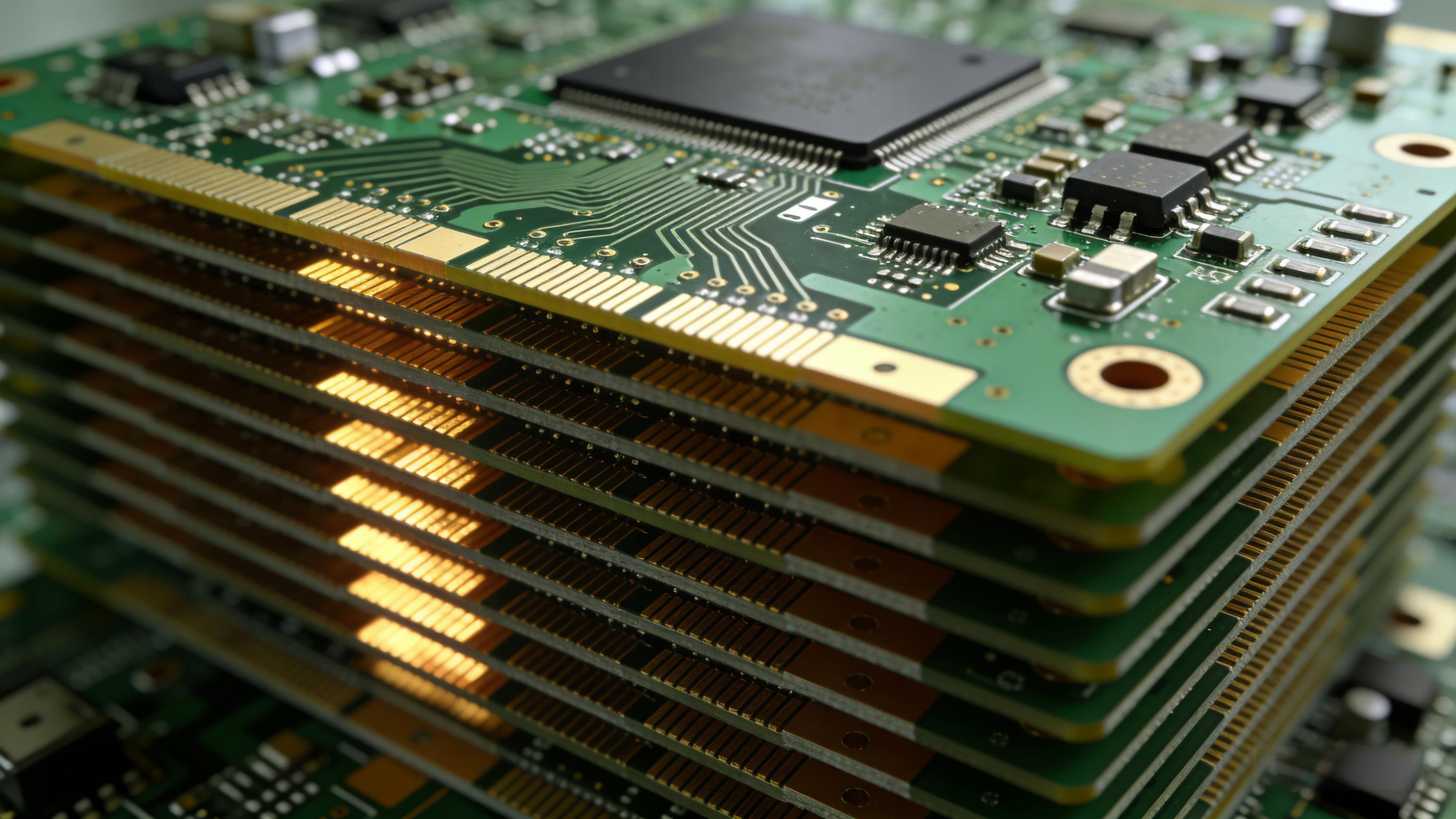 多層PCB層疊結(jié)構(gòu)截面視圖，信號(hào)層與接地層交替排列，展現(xiàn)阻抗穩(wěn)定的傳輸環(huán)境