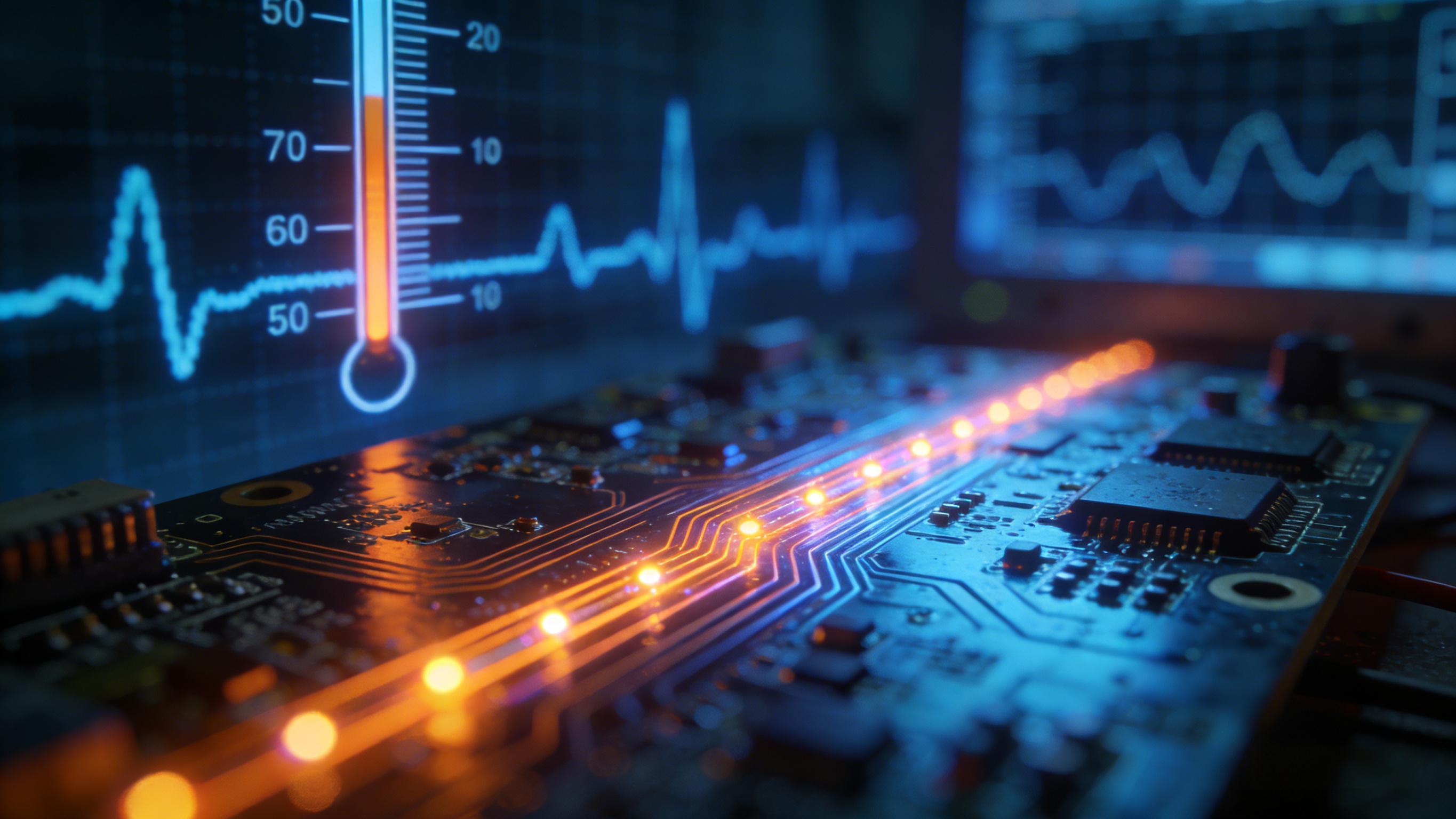 PCB熱循環(huán)測(cè)試場(chǎng)景可視化，冷暖光影交替表現(xiàn)溫度變化下信號(hào)穩(wěn)定性測(cè)試
