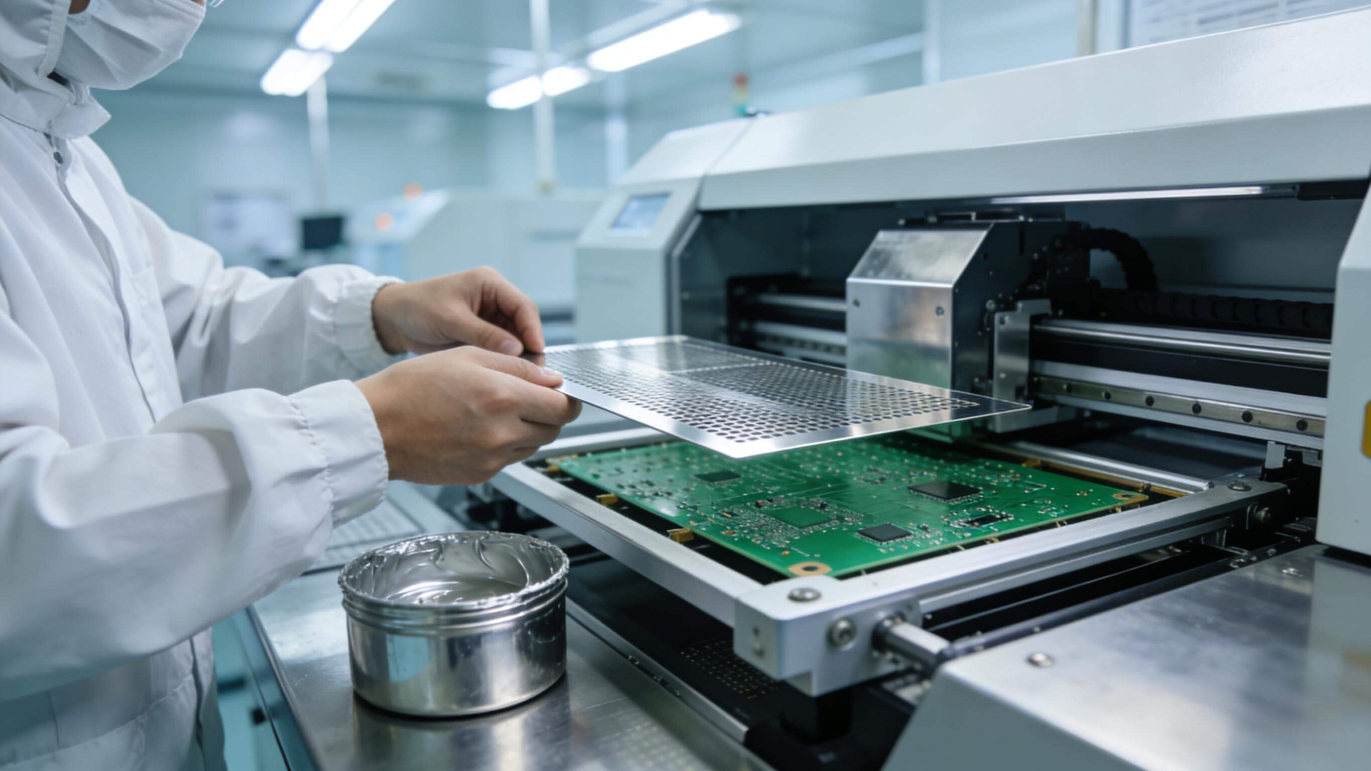 技術(shù)員在SMT產(chǎn)線上將電路板鋼網(wǎng)精準(zhǔn)安裝到印刷機(jī)網(wǎng)框